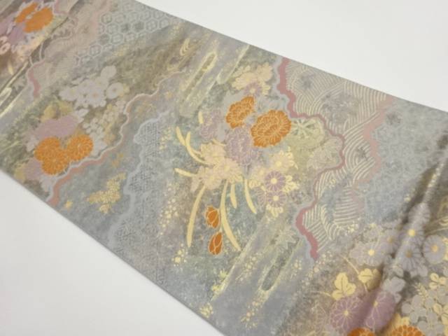 引箔道長取に草花・波模様織出し袋帯【中古】【着】