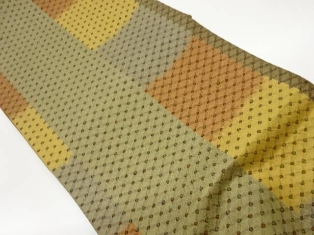ふくれ織縞に菱・丸模様織出しリバーシブル袋帯【中古】【着】