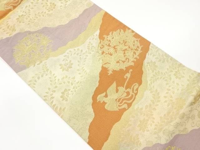 道長取りに鳥・笹蔓緞子模様織出し袋帯【中古】【着】｜Kimono-Shinei　２号店