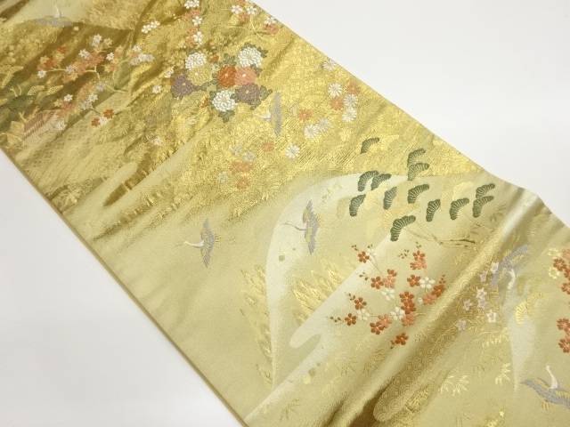 引箔山に民家・草花・鶴模様織出し袋帯【中古】【着】