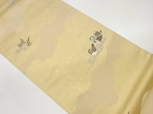 鴛鴦に流水・笹模様織出し袋帯【中古】【着】