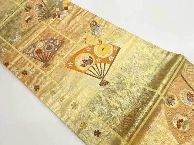 引箔扇に松竹梅・鶴模様織出し袋帯【中古】【着】