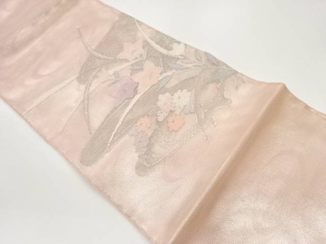 紗 芝に流水・秋草模様織出し袋帯【中古】【着】