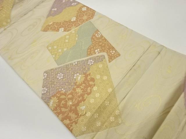色紙に古典柄・流水模様織出し全通袋帯【中古】【着】