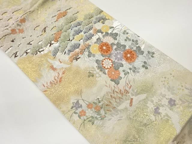 本金箔松に菊・鶴模様織出し袋帯【中古】【着】