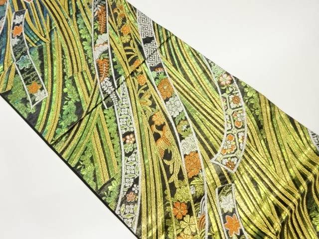 熨斗に花々・古典柄模様織出し袋帯【中古】【着】