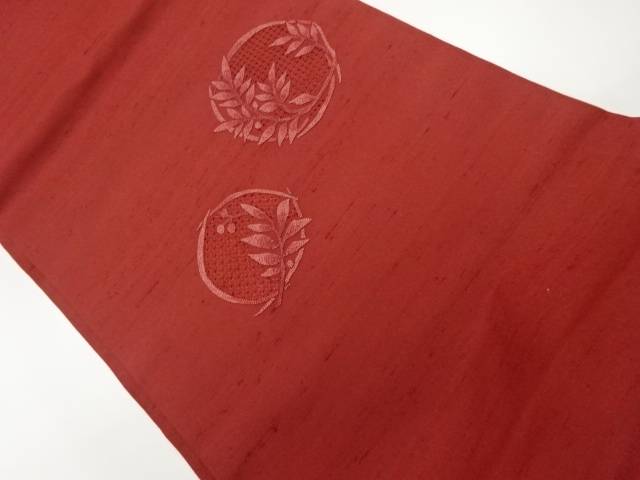 手織り紬汕頭蘇州刺繍丸文に葉模様開き名古屋帯(額縁仕立て)【中古】【着】
