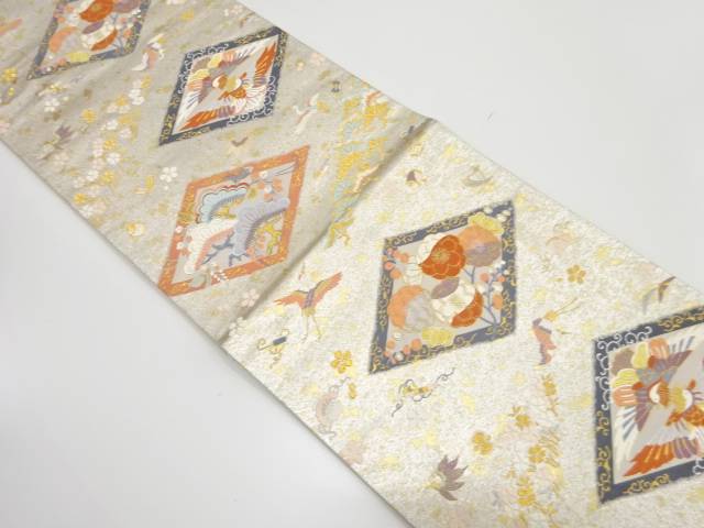 菱に花鳥模様織り出し　袋帯【中古】【着】