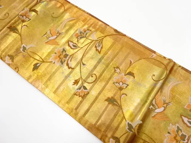 引箔　唐花に鳥模様織り出し　名古屋帯【中古】【着】