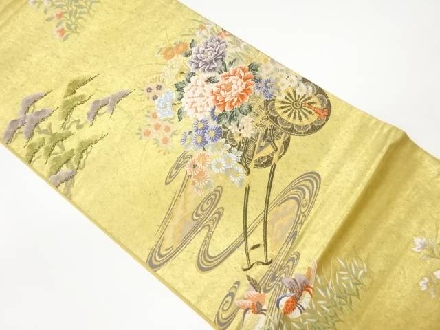 引箔花車に鴛鴦・松・花模様織出し袋帯【中古】【着】