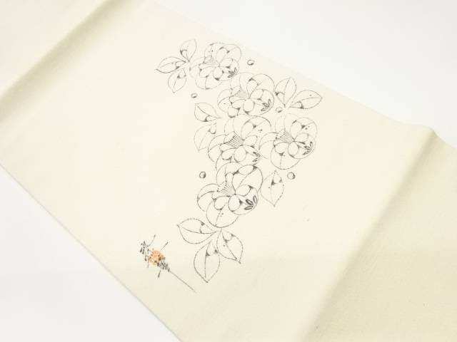 作家物　手織り紬手描き花々模様開き名古屋帯（額縁仕立て）【中古】【着】