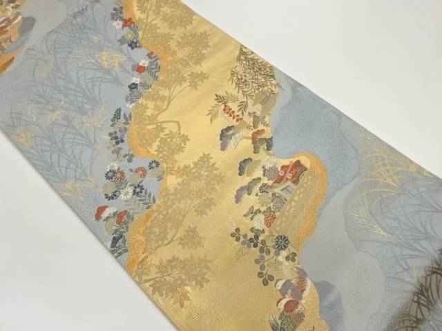 道長取りに秋草・鴛鴦・御所車模様織出し袋帯【中古】【着】