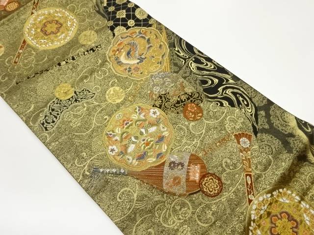 楽器に鴛鴦・鳳凰模様織出し袋帯【中古】【着】