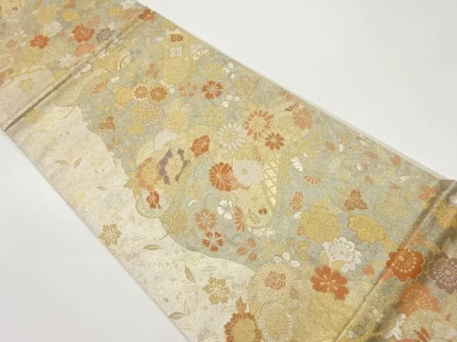 松に花々模様織出し袋帯【中古】【着】