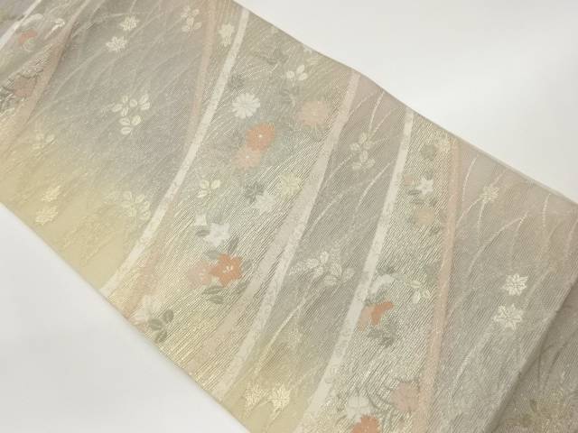 絽曲線・芝に草花模様織出し袋帯【中古】【着】