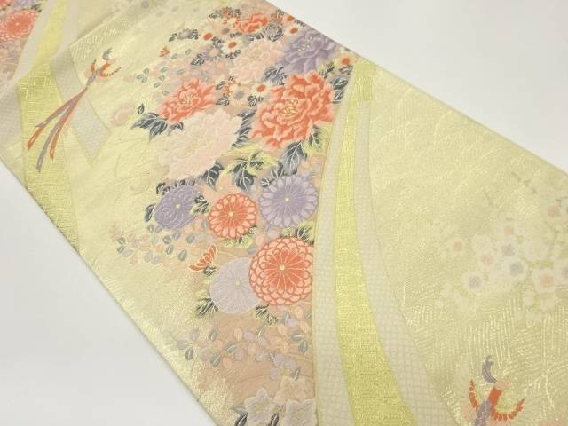 花々に鳳凰・束ね熨斗模様織出し袋帯【中古】【着】