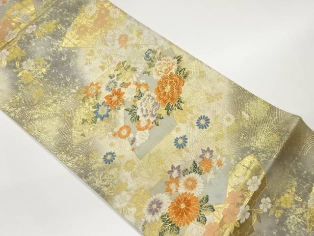 引箔地紙に花々・葉模様織出し袋帯【中古】【着】