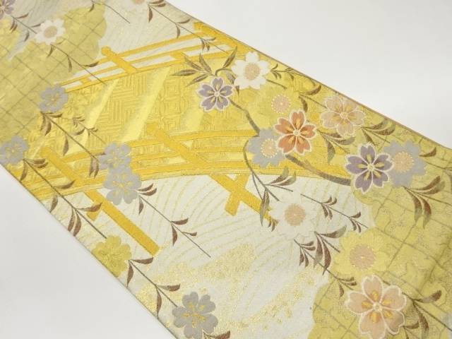 枝垂れ桜・橋に波模様織出し袋帯【中古】【着】