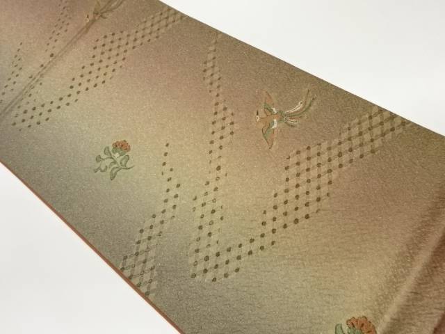 ふくれ織抽象霞に花・鳳凰模様織出し袋帯【中古】【着】