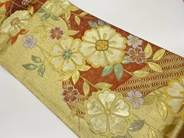 枝垂れ桜に曲線模様織出し袋帯【中古】【着】