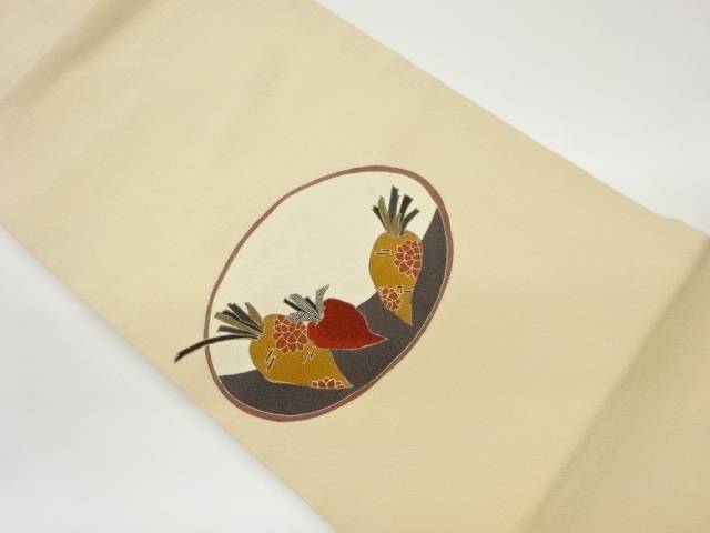 縮緬地人参に花模様刺繍名古屋帯【中古】【着】