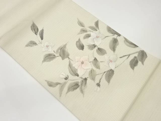 絽手描き花模様刺繍開き名古屋帯（額縁仕立て）【中古】【着】