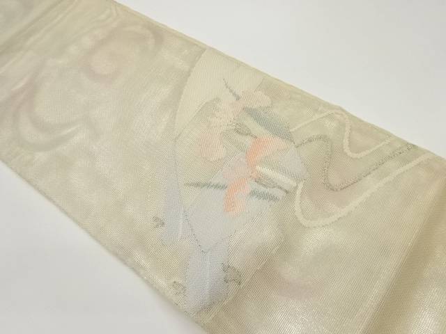 紗 地紙に流水・菖蒲模様織出し袋帯【中古】【着】