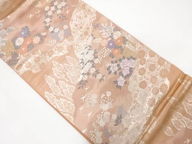 霞に花籠模様織り出し袋帯【中古】【着】