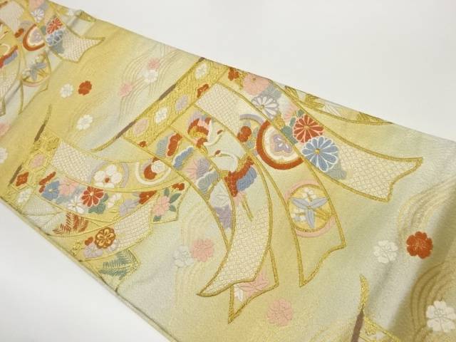 几帳に草花・鶴模様織出し袋帯【中古】【着】