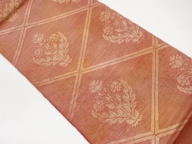 格子に草花模様織出し全通袋帯【中古】【着】