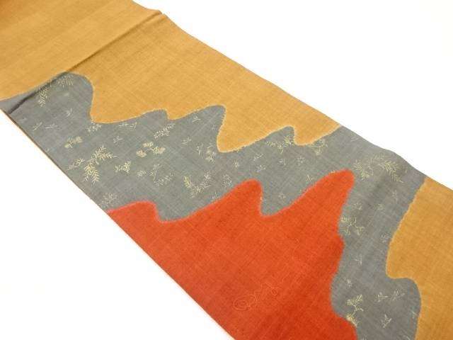 手織り紬絞り金彩曲線に草花・葉模様袋帯【中古】【着】
