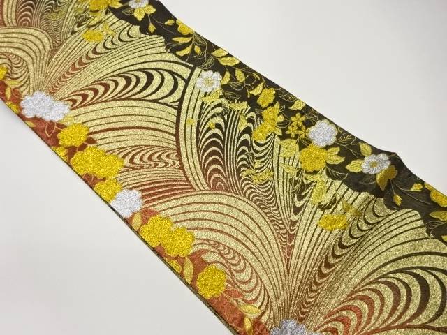 抽象波に草花模様織出し袋帯【中古】【着】