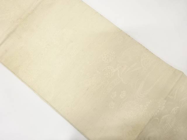 絽雪輪に貝桶・花・笙模様織出し丸帯（材料）【アンティーク】【中古】【着】