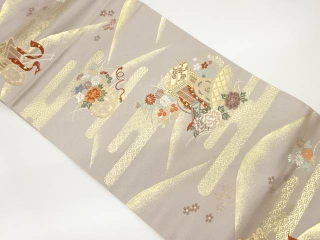 御所車に花車・花々模様織出し名古屋帯【中古】【着】