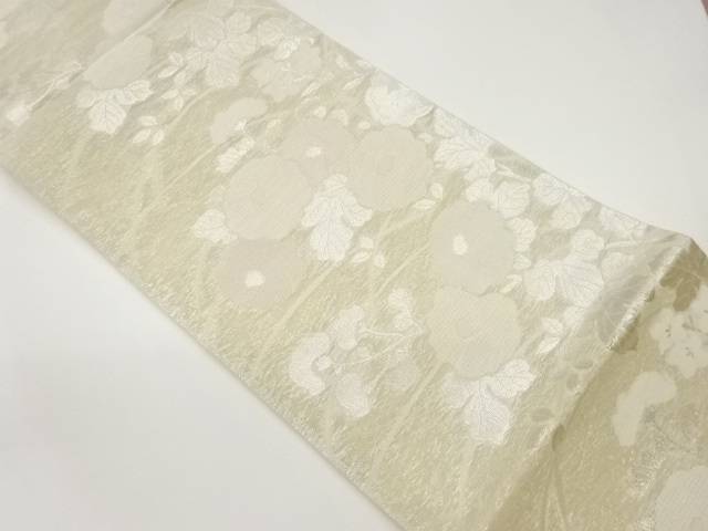 紗 万寿菊に桔梗・花々模様織出し袋帯【中古】【着】