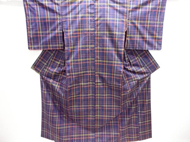 格子織り出し米沢紬着物アンサンブル【中古】【着】