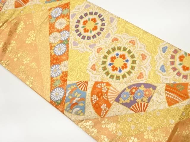 華文に菊・紅葉・扇模様織出し袋帯【中古】【着】