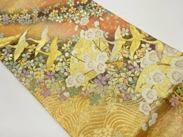 扇子に鶴・梅・桜尽くし模様織出し袋帯【中古】【着】