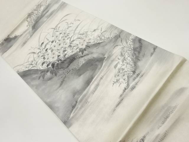 作家物　手描き草花に水辺風景模様袋帯【中古】【着】｜Kimono-Shinei　２号店