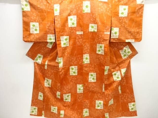 色紙に花模様織り出し十日町紬単衣着物【中古】【着】