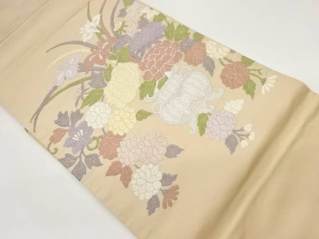 唐織花瓶に花々模様織出し名古屋帯【中古】【着】