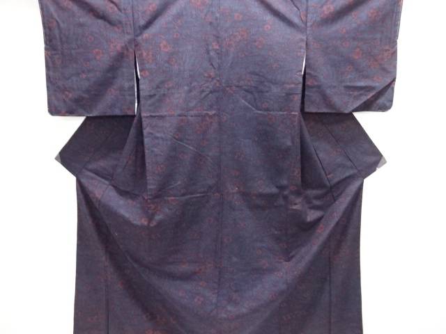 草花模様織り出し手織り紬着物【中古】【着】
