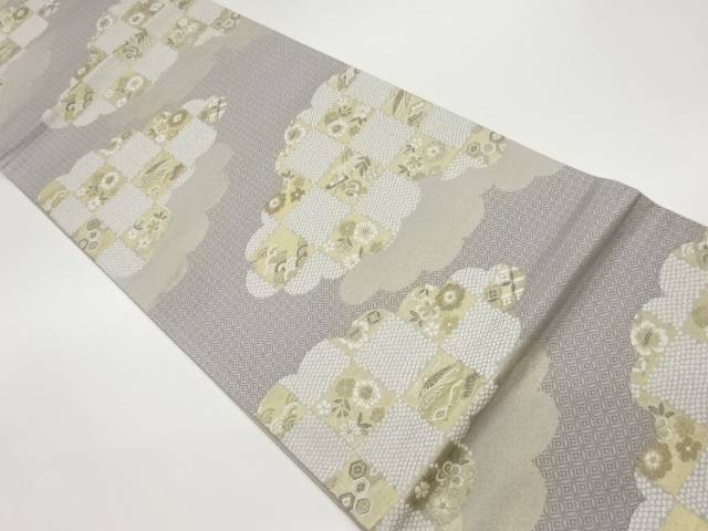 雲に格子・宝尽くし・桜模様織出し袋帯【中古】【着】