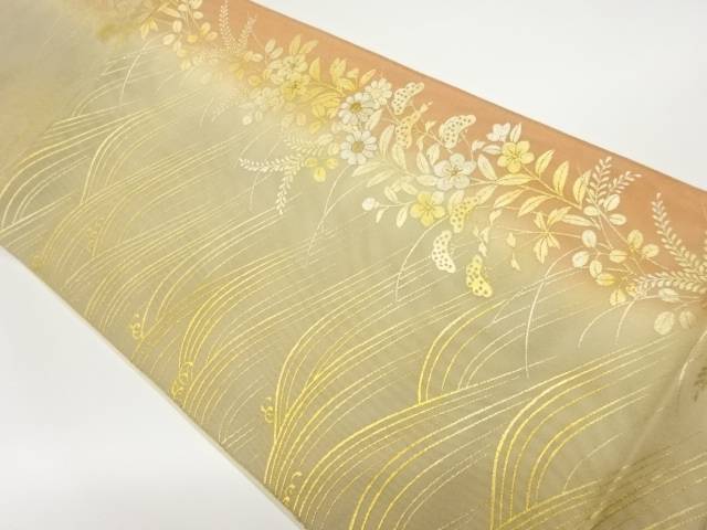 紗 金彩荒波に秋草模様刺繍袋帯【中古】【着】