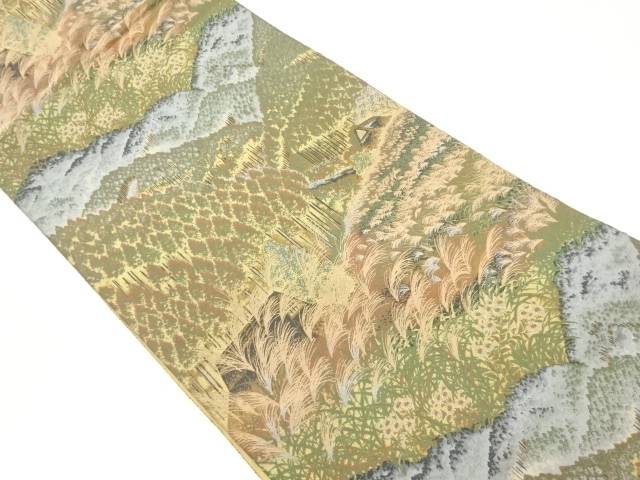 萬葉製　芒に草花・家屋模様織出し全通袋帯【中古】【着】｜Kimono-Shinei　２号店
