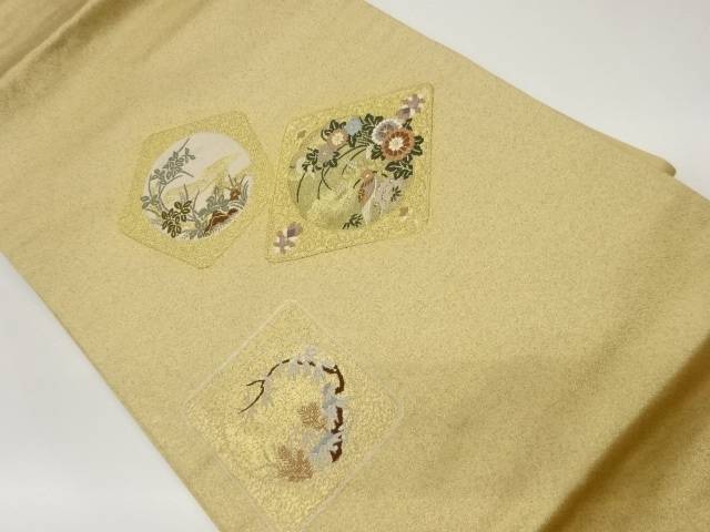 五角形に菱・草花・鳥模様織出し名古屋帯【中古】【着】