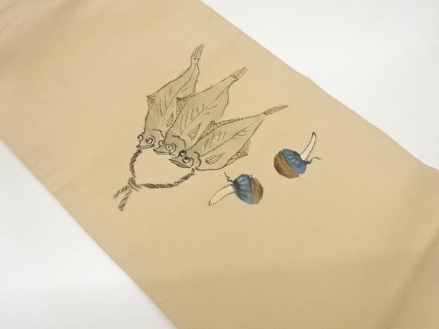 縮緬地金彩手描き慈姑に魚模様名古屋帯【中古】【着】