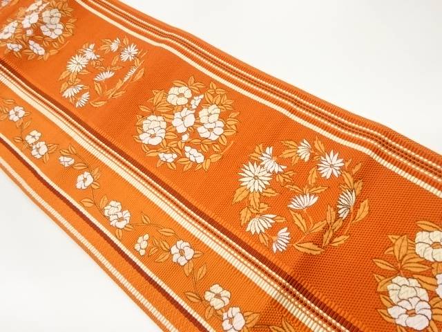 本場筑前博多変わり縞に草花模様織出し名古屋帯【中古】【着】
