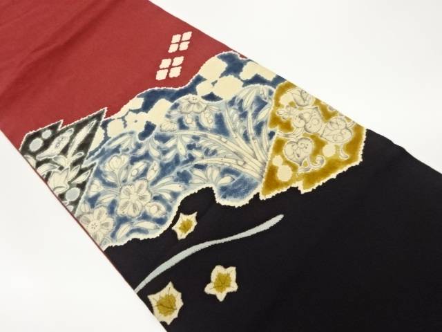 縮緬地辻ヶ花開き名古屋帯（額縁仕立て）【中古】【着】