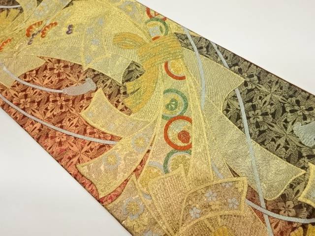 束ね熨斗に丸文・松・花々模様織出し袋帯【中古】【着】 9,828円